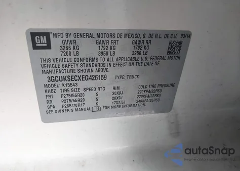 2014 Chevrolet Silverado 1500 1Lz z USA, uszkodzony, nr VIN 3GCUKSECXEG426159